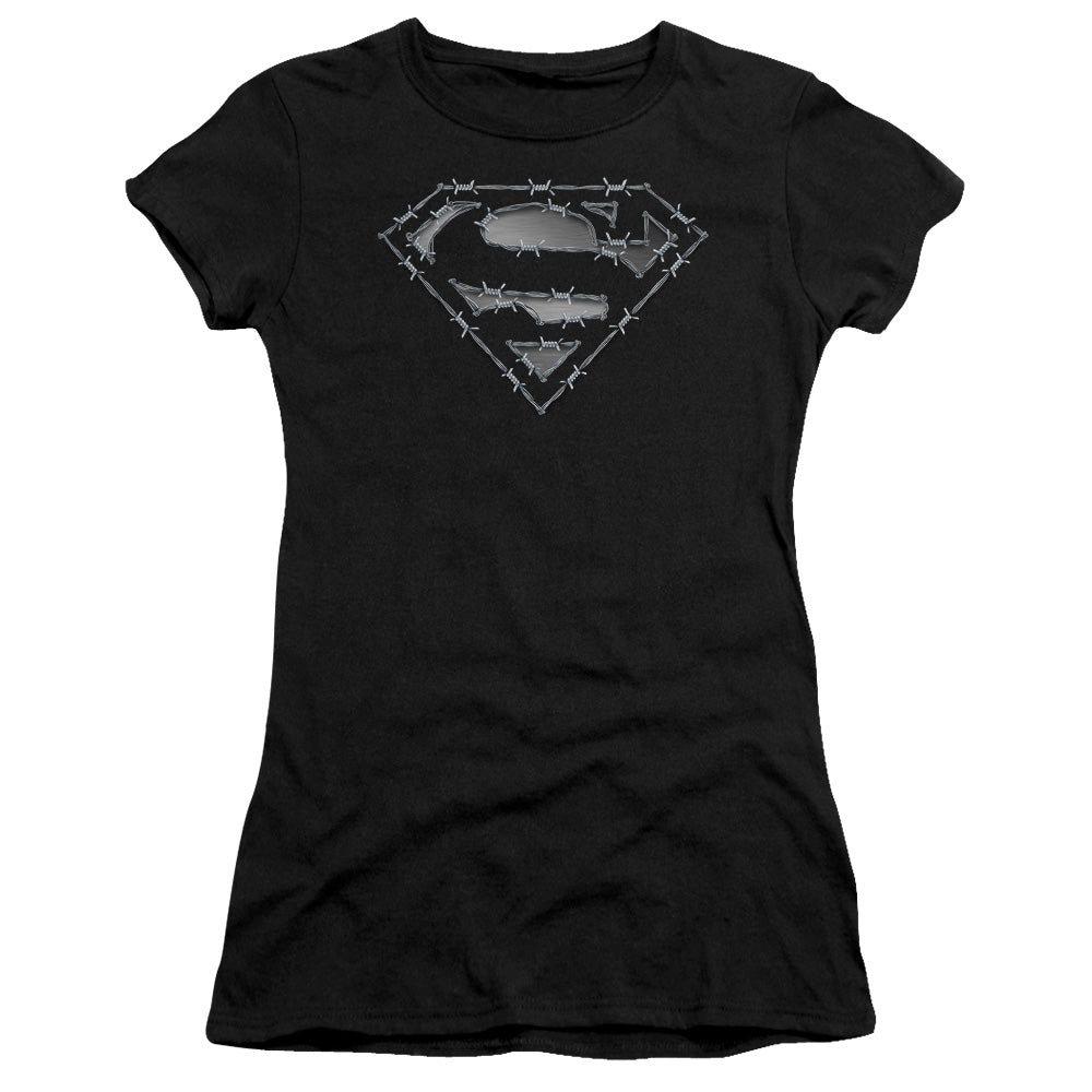 Superman Barbed Wire Junior Sheer Cap Sleeve Womens T Shirt Black