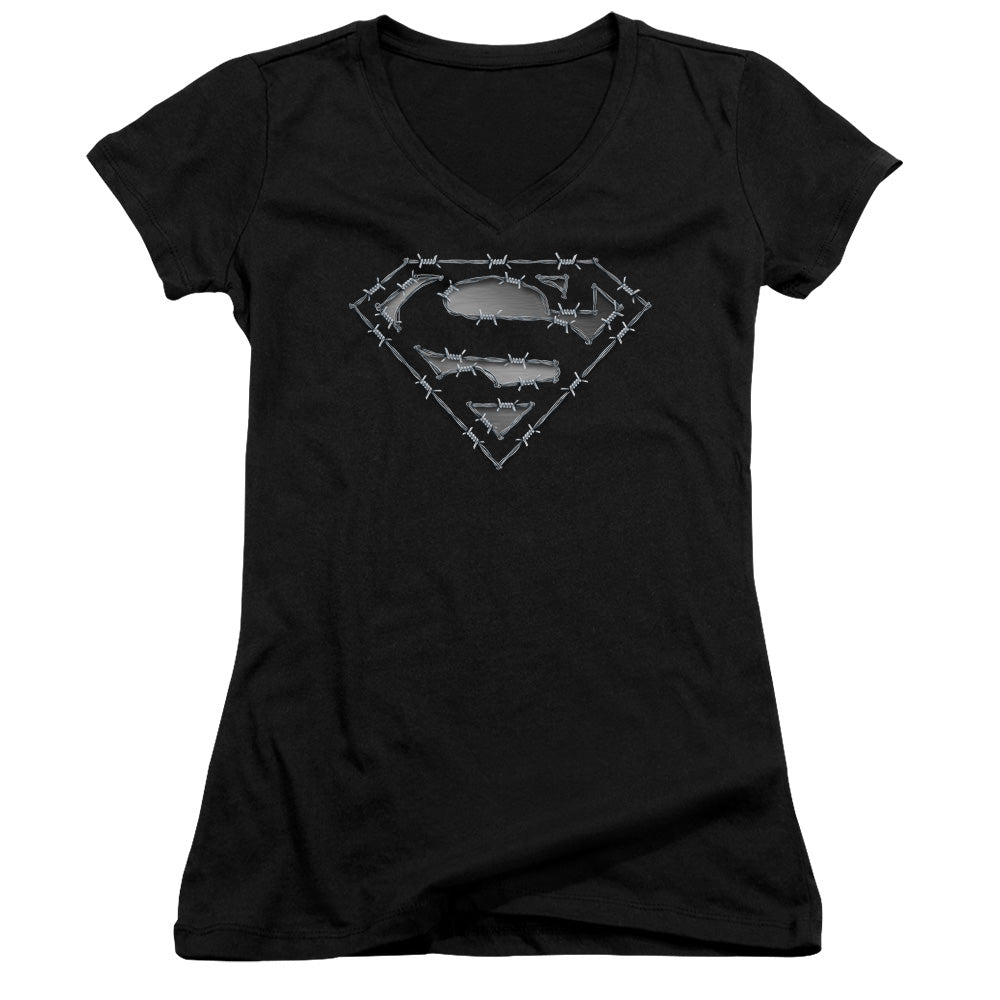 Superman Barbed Wire Junior Sheer Cap Sleeve V Neck Womens T Shirt Black