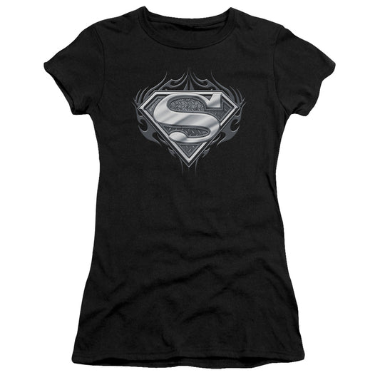 Superman Biker Metal Junior Sheer Cap Sleeve Womens T Shirt Black