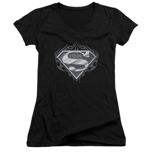 Superman Biker Metal Junior Sheer Cap Sleeve V Neck Womens T Shirt Black