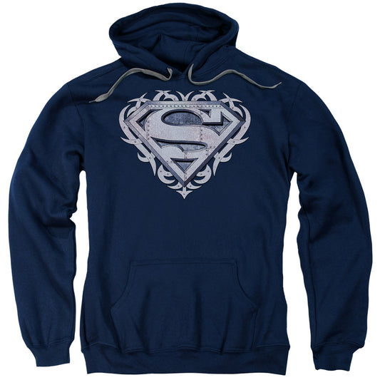 Superman Tribal Steel Shield Mens Hoodie Navy