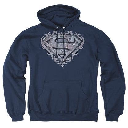 Superman Tribal Steel Shield Mens Hoodie Navy