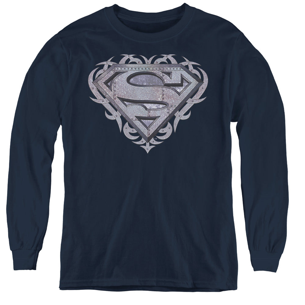 Superman Tribal Steel Shield Long Sleeve Kids Youth T Shirt Navy