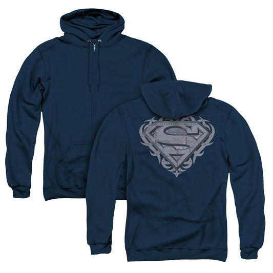 Superman Tribal Steel Shield Back Print Zipper Mens Hoodie Navy