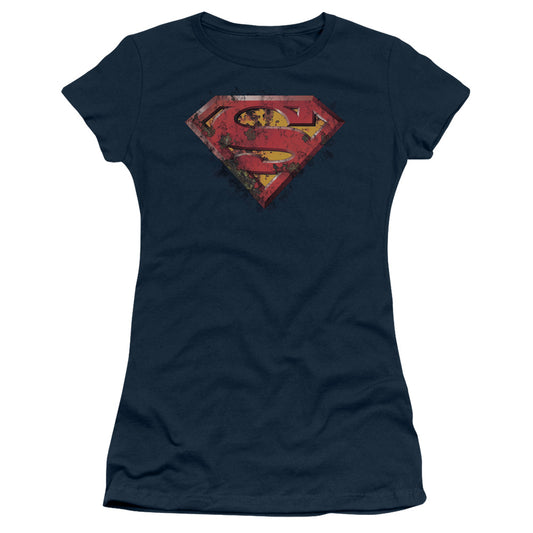 Superman Rusted Shield Junior Sheer Cap Sleeve Womens T Shirt Navy