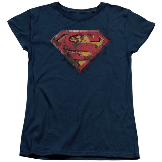 Superman Rusted Shield Womens T Shirt Navy