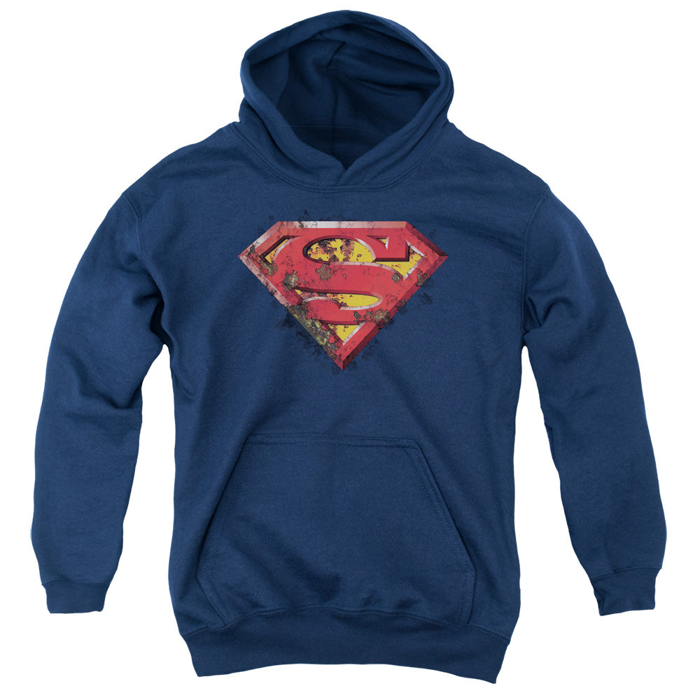 Superman Rusted Shield Kids Youth Hoodie Navy