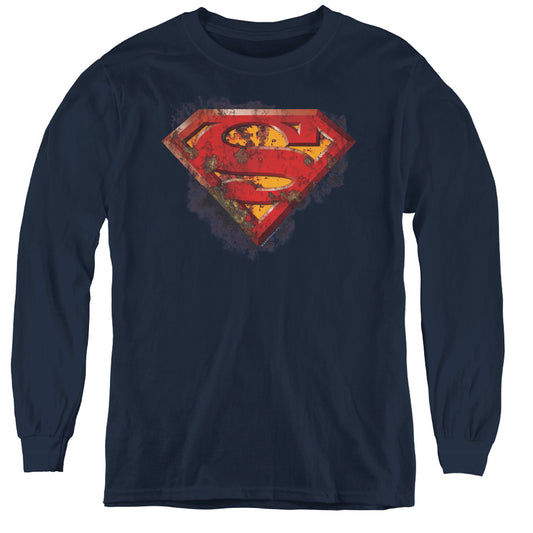 Superman Rusted Shield Long Sleeve Kids Youth T Shirt Navy