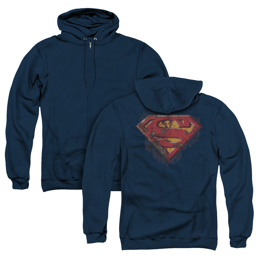 Superman Rusted Shield Back Print Zipper Mens Hoodie Navy