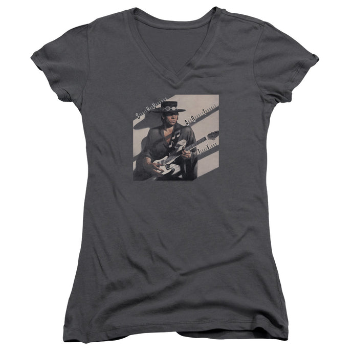Stevie Ray Vaughan Texas Flood Junior Sheer Cap Sleeve V-Neck Womens T Shirt Charcoal