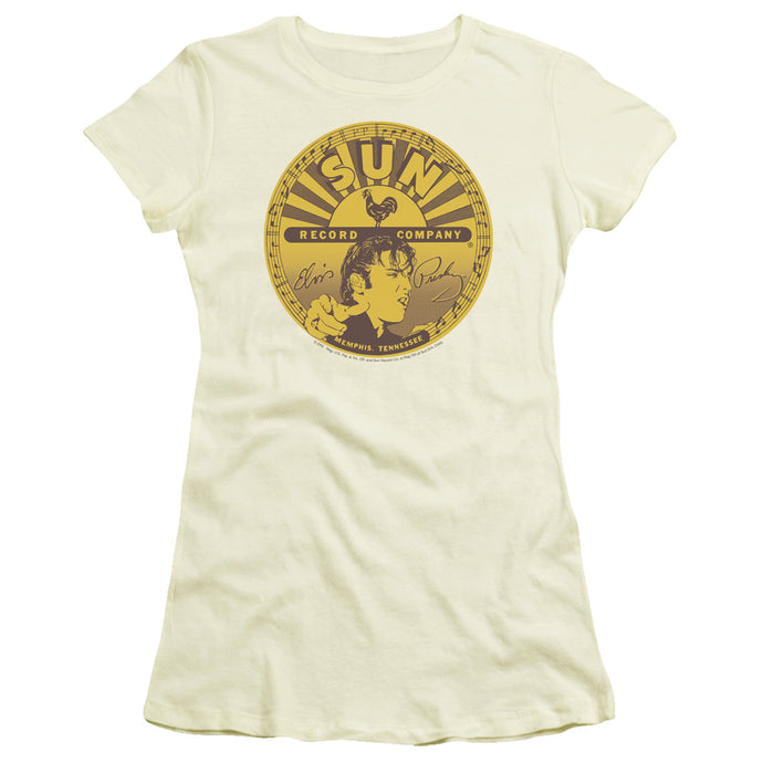 Sun Records Elvis Full Sun Label Junior Sheer Cap Sleeve Womens T Shirt Cream