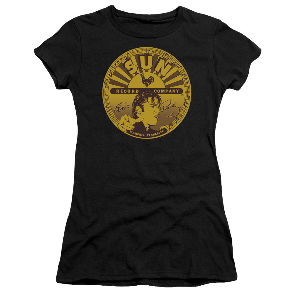 Sun Records Elvis Full Sun Label Junior Sheer Cap Sleeve Womens T Shirt Black