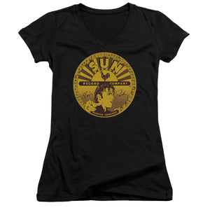 Sun Records Elvis Full Sun Label Junior Sheer Cap Sleeve V-Neck Womens T Shirt Black