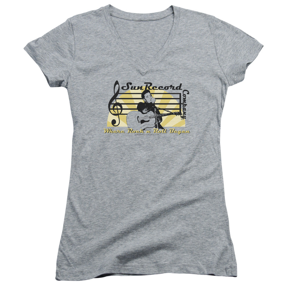 Sun Records Sun Record Company Junior Sheer Cap Sleeve V-Neck Womens T Shirt Athletic Heather