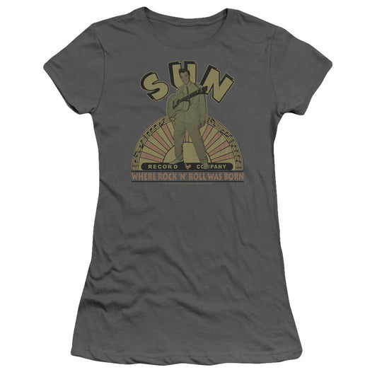 Sun Records Original Son Junior Sheer Cap Sleeve Womens T Shirt Charcoal