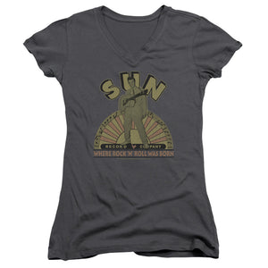 Sun Records Original Son Junior Sheer Cap Sleeve V-Neck Womens T Shirt Charcoal