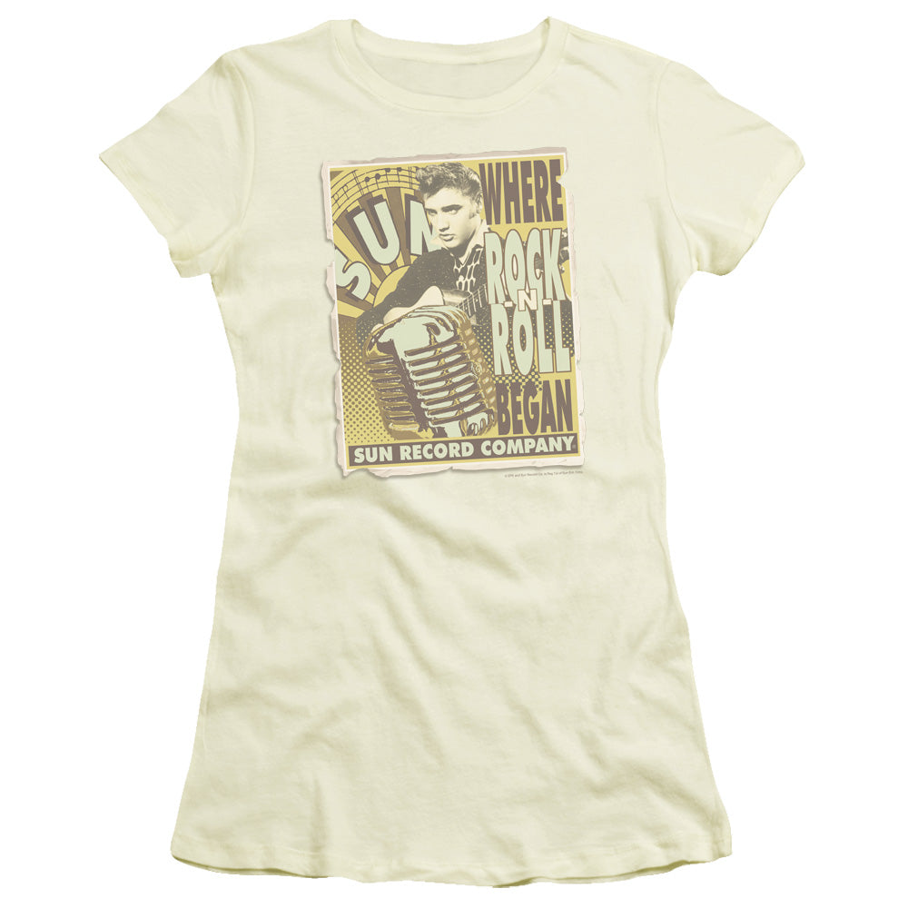 Sun Records Rock N Roll Began Poster Junior Sheer Cap Sleeve Womens T Shirt Cream