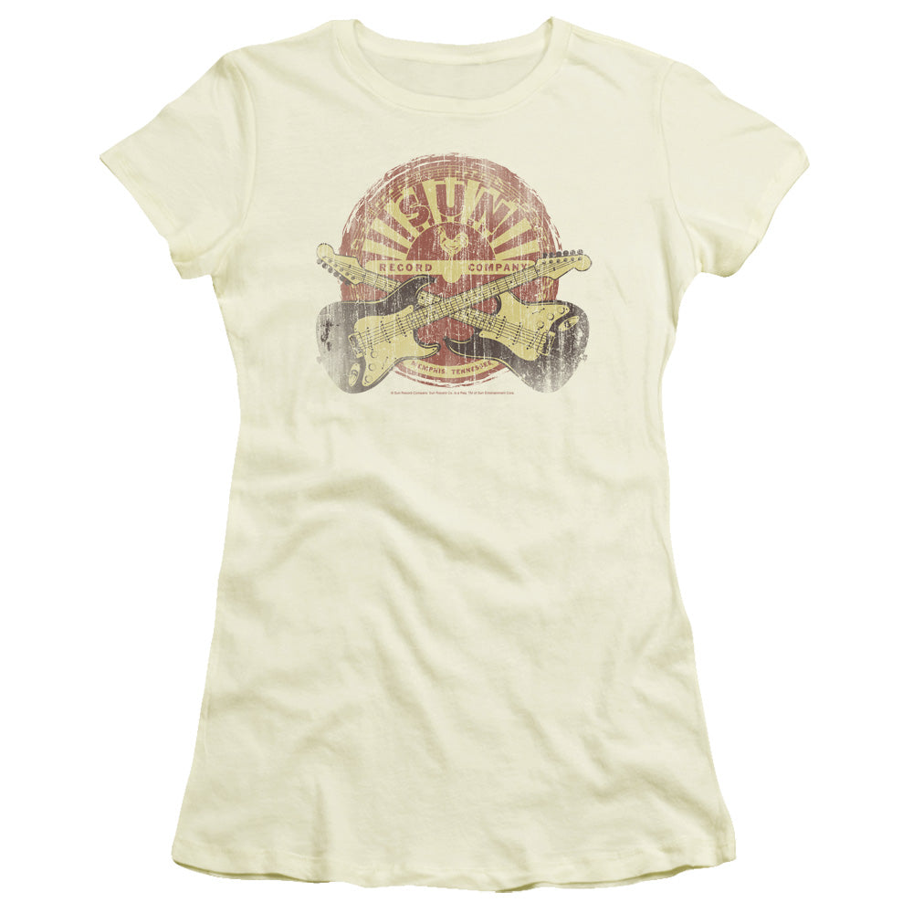 Sun Records Crossed Guitars Junior Sheer Cap Sleeve Womens T Shirt Cream