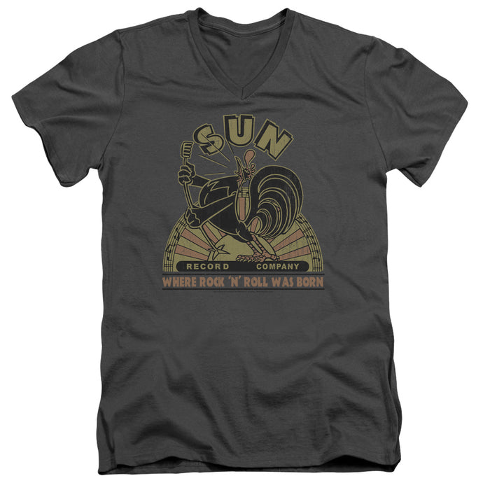 Sun Records Sun Rooster Mens Slim Fit V-Neck T Shirt Charcoal