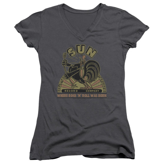 Sun Records Sun Rooster Junior Sheer Cap Sleeve V-Neck Womens T Shirt Charcoal