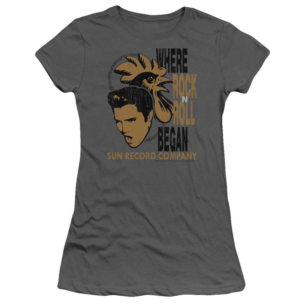 Sun Records Elvis And Rooster Junior Sheer Cap Sleeve Womens T Shirt Charcoal