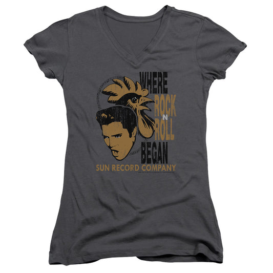 Sun Records Elvis And Rooster Junior Sheer Cap Sleeve V-Neck Womens T Shirt Charcoal