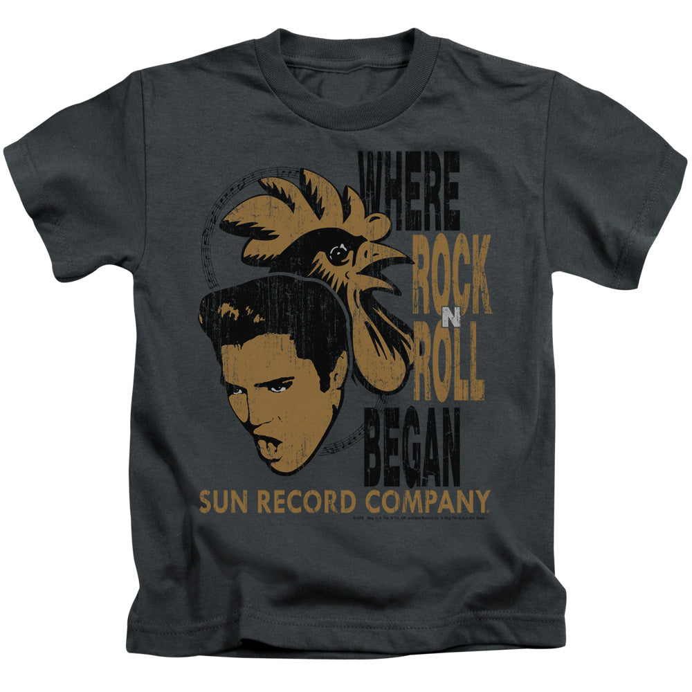 Sun Records Elvis And Rooster Juvenile Kids Youth T Shirt Charcoal