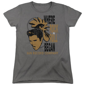 Sun Records Elvis And Rooster Womens T Shirt Charcoal