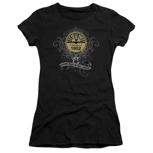 Sun Records Rockin Scrolls Junior Sheer Cap Sleeve Womens T Shirt Black