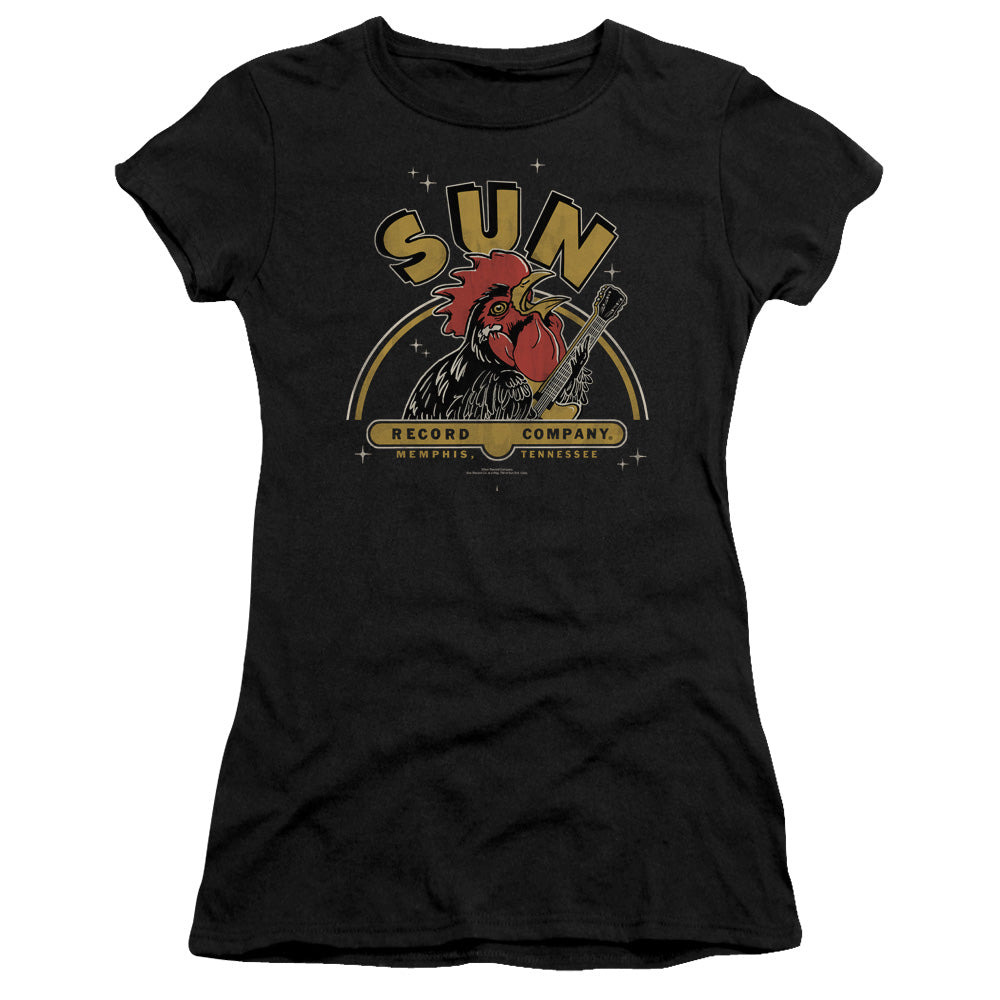 Sun Records Rocking Rooster Junior Sheer Cap Sleeve Womens T Shirt Black