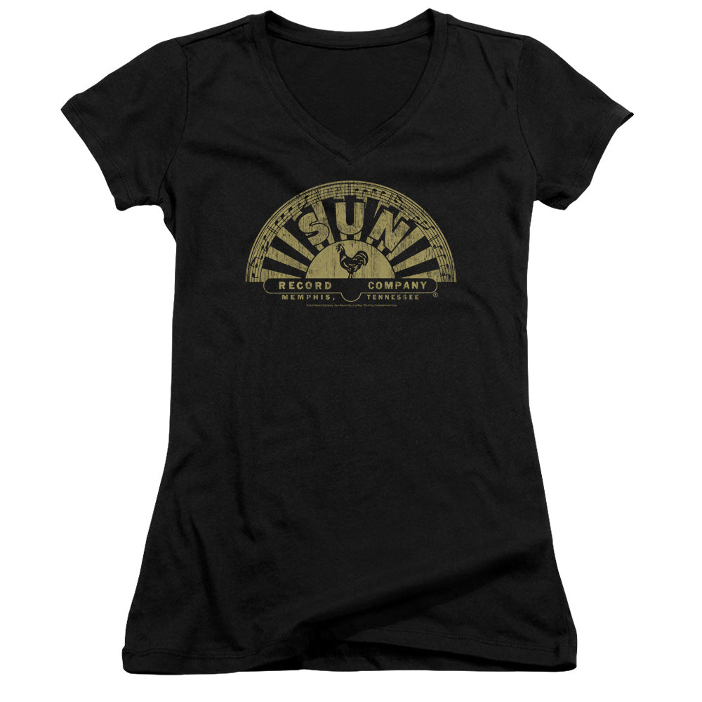 Sun Records Tattered Logo Junior Sheer Cap Sleeve V-Neck Womens T Shirt Black