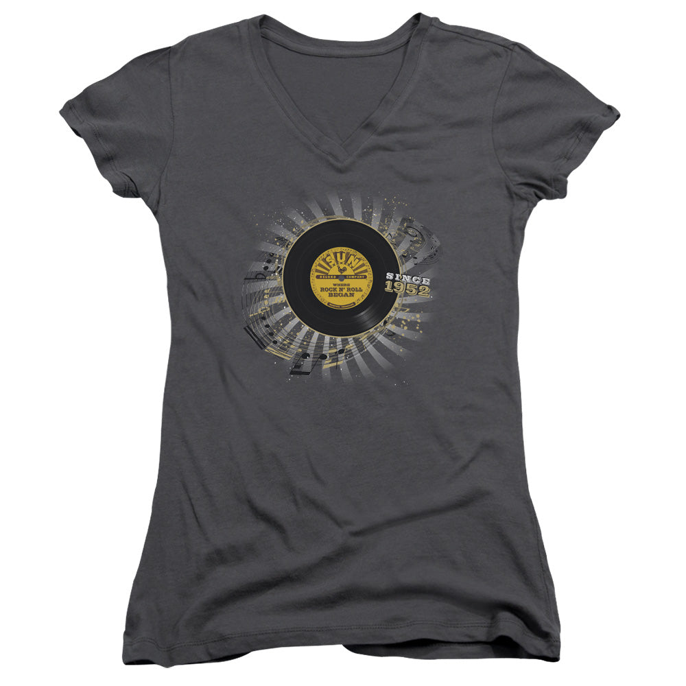 Sun Records Established Junior Sheer Cap Sleeve V-Neck Womens T Shirt Charcoal