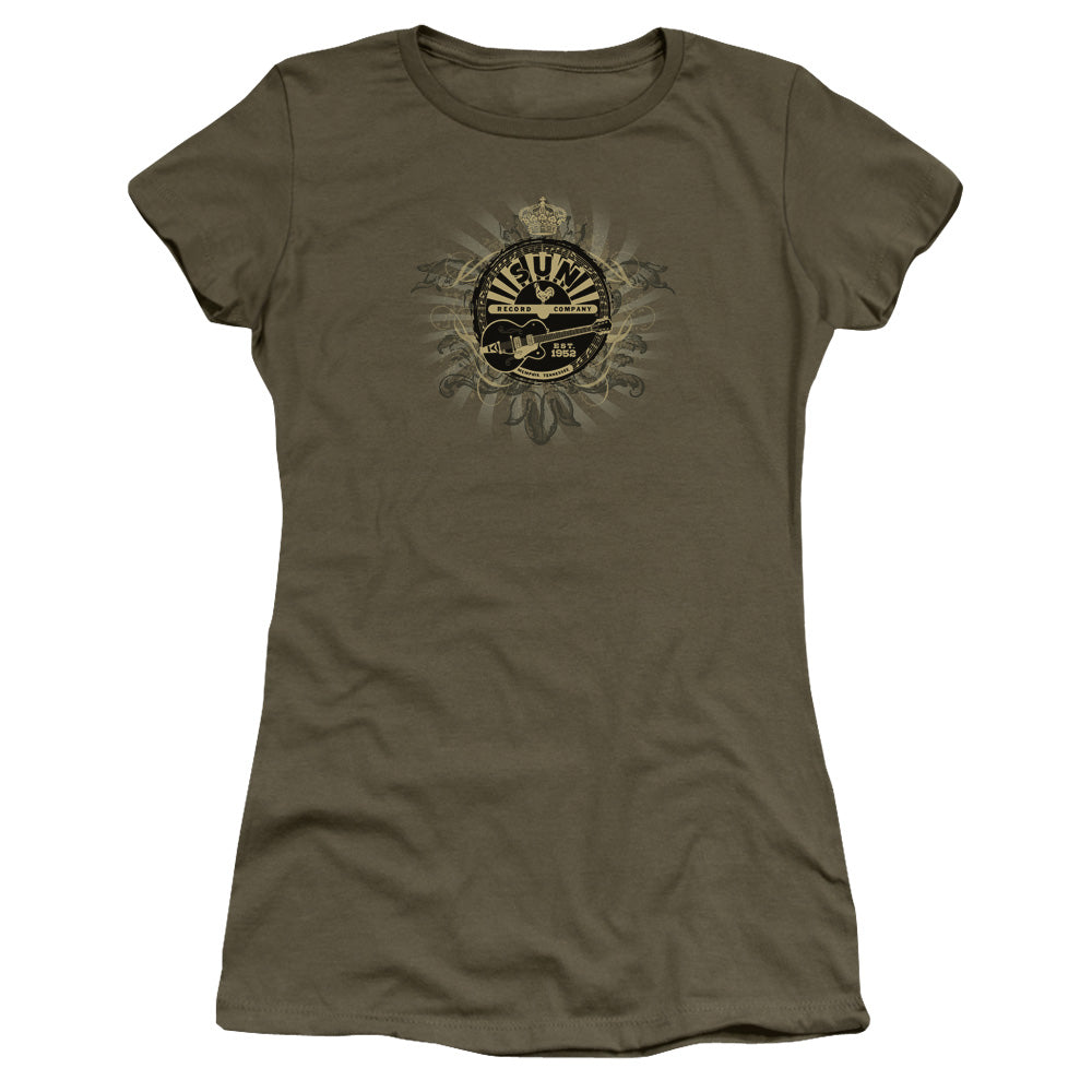 Sun Records Rock Heraldry Junior Sheer Cap Sleeve Womens T Shirt Military Green