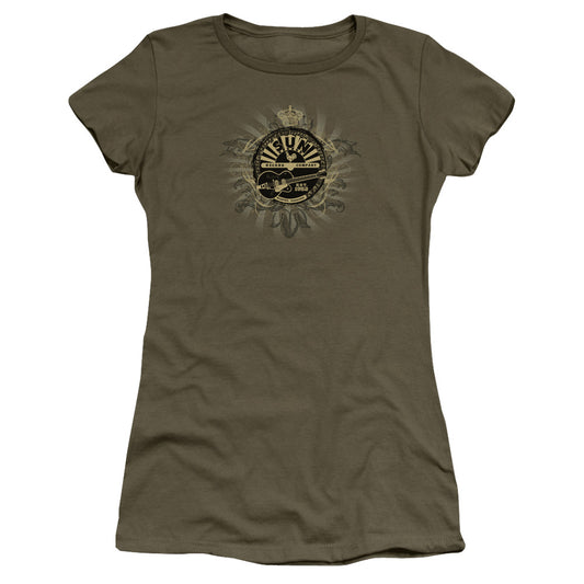 Sun Records Rock Heraldry Junior Sheer Cap Sleeve Womens T Shirt Military Green