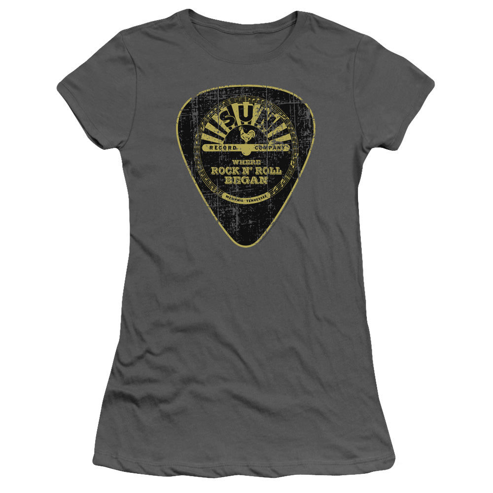 Sun Records Guitar Pick Junior Sheer Cap Sleeve Womens T Shirt Charcoal