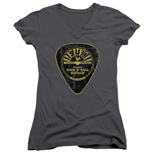 Sun Records Guitar Pick Junior Sheer Cap Sleeve V-Neck Womens T Shirt Charcoal