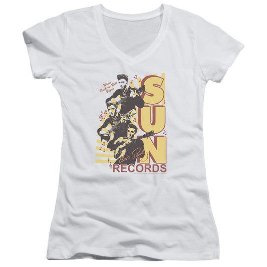 Sun Records Tri Elvis Junior Sheer Cap Sleeve V-Neck Womens T Shirt White