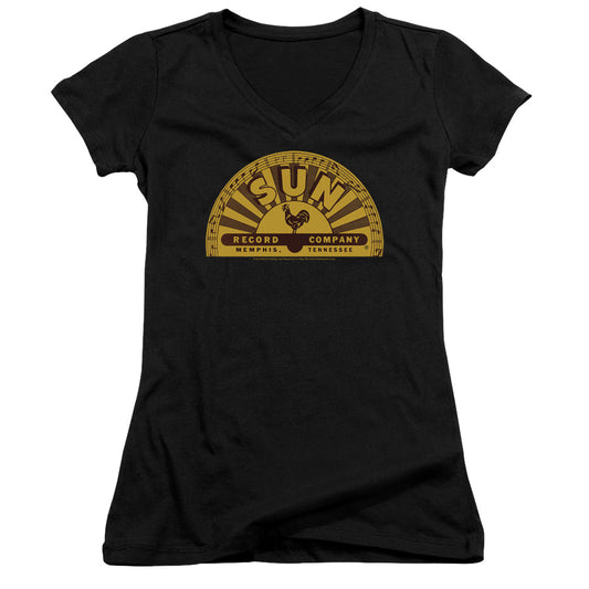 Sun Records Traditional Logo Junior Sheer Cap Sleeve V-Neck Womens T Shirt Black