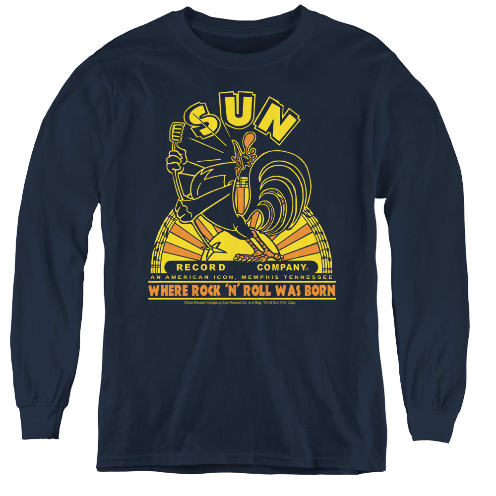 Sun Records Rooster Long Sleeve Kids Youth T Shirt Navy Blue