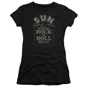 Sun Records Where Rock Began Junior Sheer Cap Sleeve Womens T Shirt Black