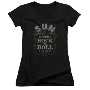 Sun Records Where Rock Began Junior Sheer Cap Sleeve V-Neck Womens T Shirt Black