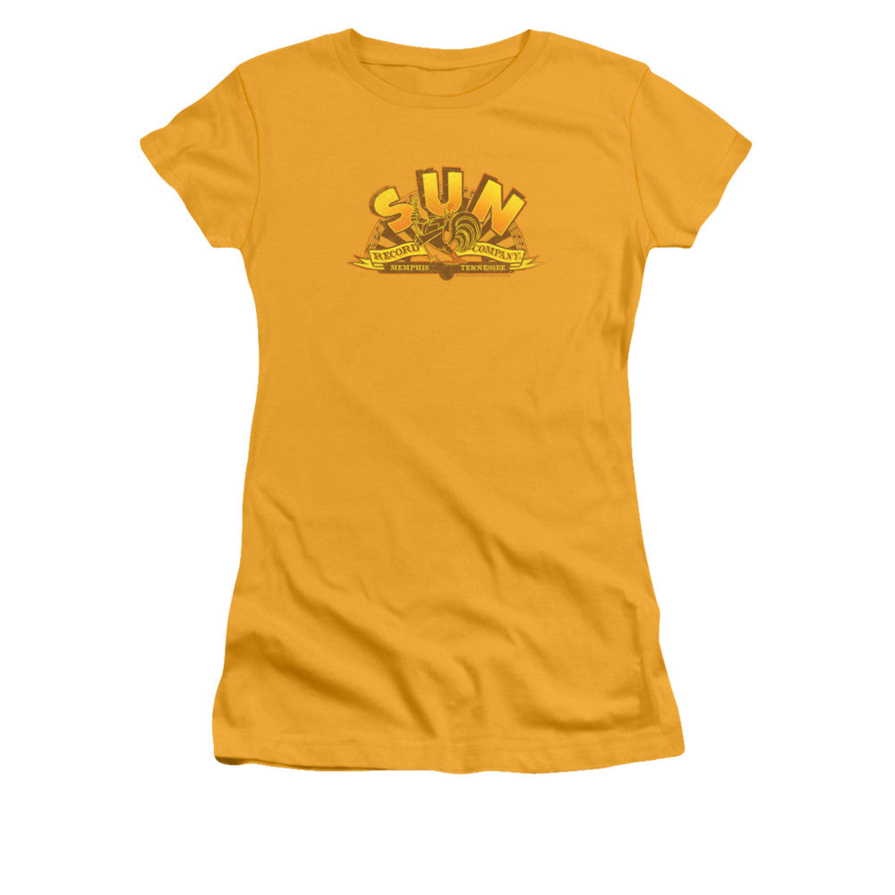 Sun Records Rockin Rooster Logo Junior Sheer Cap Sleeve Womens T Shirt Gold