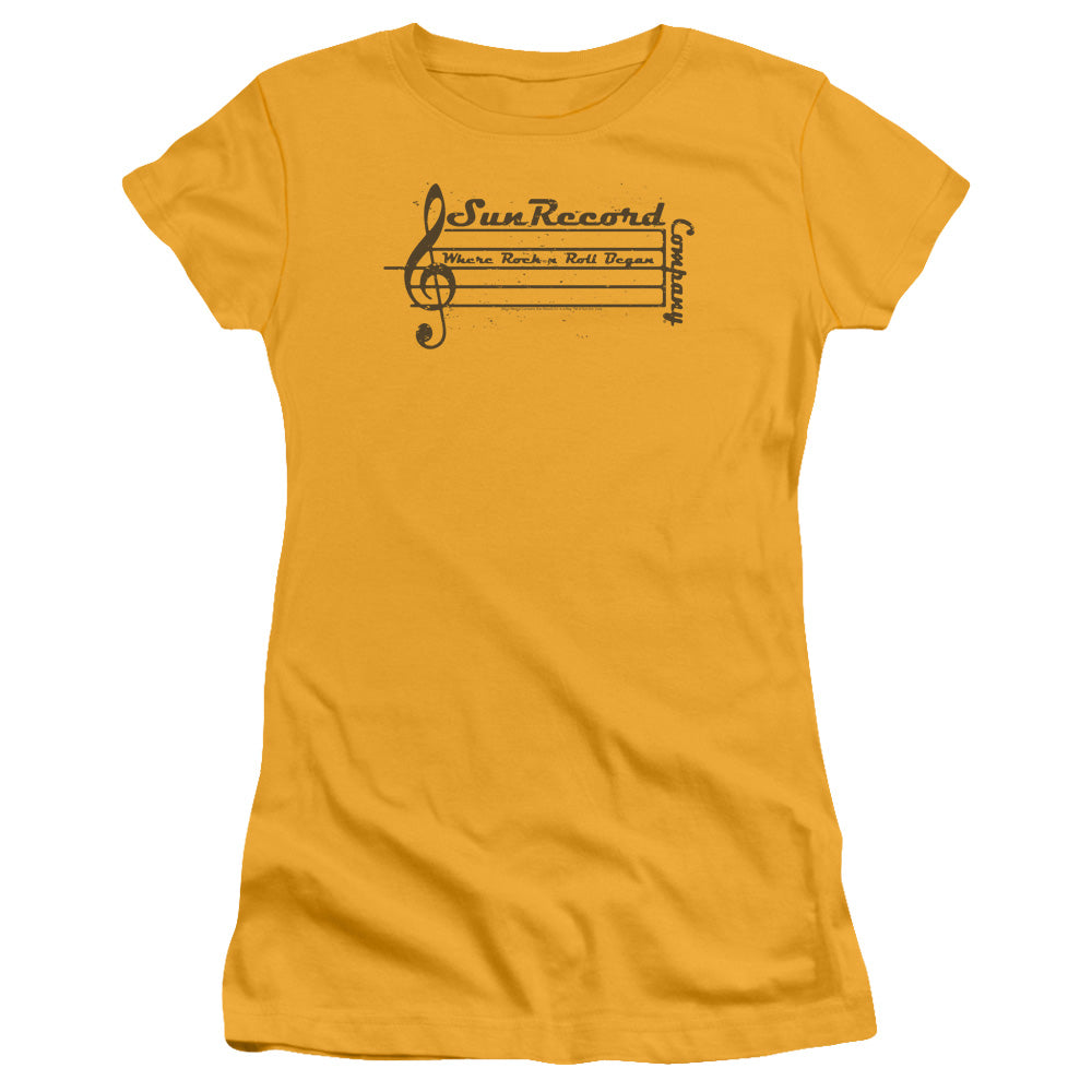 Sun Records Music Staff Junior Sheer Cap Sleeve Womens T Shirt Gold