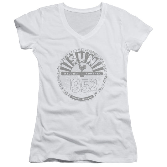 Sun Records Crusty Logo Junior Sheer Cap Sleeve V-Neck Womens T Shirt White