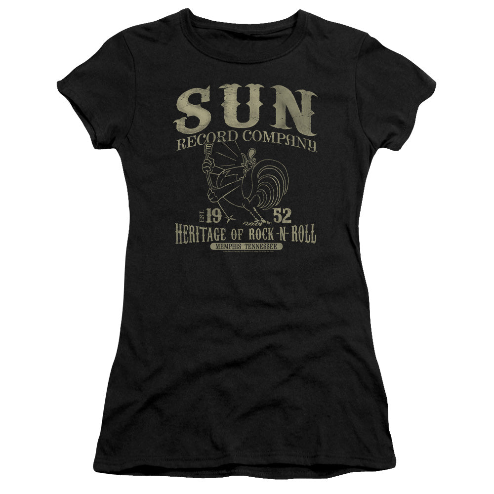 Sun Records Rockabilly Bird Junior Sheer Cap Sleeve Womens T Shirt Black