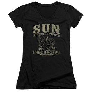 Sun Records Rockabilly Bird Junior Sheer Cap Sleeve V-Neck Womens T Shirt Black