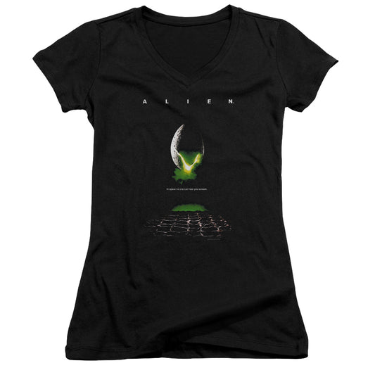 Alien Poster Junior Sheer Cap Sleeve V-Neck Womens T Shirt Black