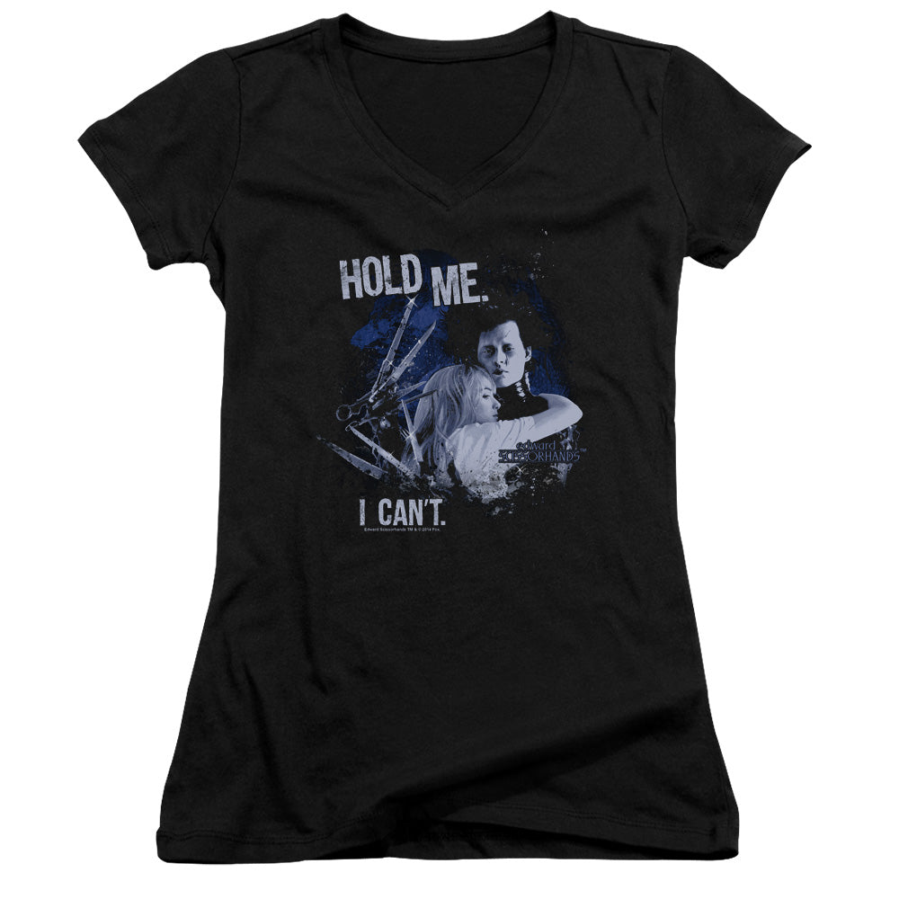 Edward Scissorhands Hold Me Junior Sheer Cap Sleeve V-Neck Womens T Shirt Black