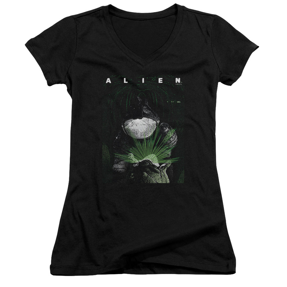 Alien Take A Peak Junior Sheer Cap Sleeve V-Neck Womens T Shirt Black