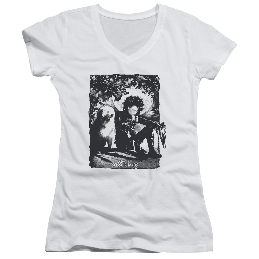 Edward Scissorhands Lucky Dog Junior Sheer Cap Sleeve V-Neck Womens T Shirt White